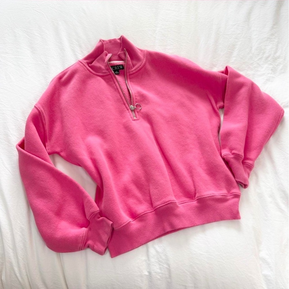 J.Crew Heritage Fleece Half Zip Sweatshirt Hot Pink Quarter Zip Pullover XS - Picture 2 of 6